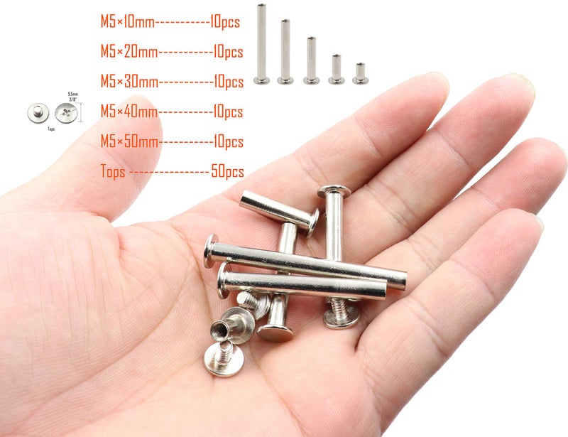 LBY 100pcs Phillips Chicago Screws, M5 x 10/20/30/40/50mm Binding Screw Posts, Book Screws, Binding Barrels and Screws Assortment Kit for Leather Saddles, Purses, Belt Repair, Nickel-Plated - Image 3